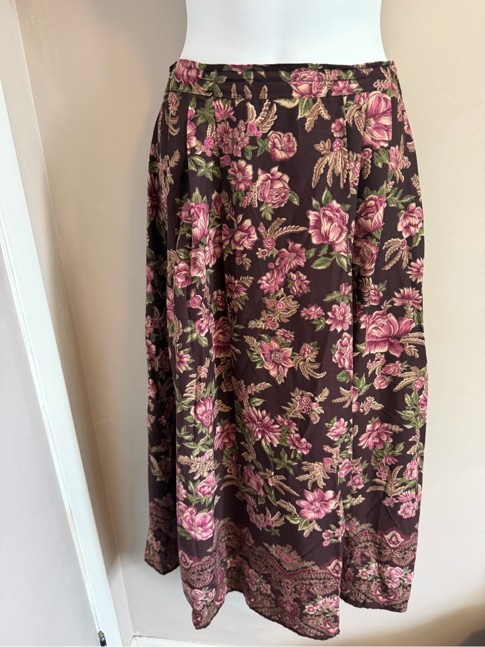 Vintage Eaton Petites Floral Maxi Skirt Brown Pink 6P